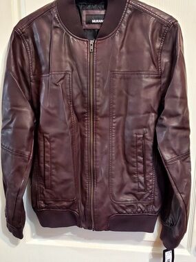Murano Men's Burgundy Leather Bomber Jacket with Ribbed Collar new with tags